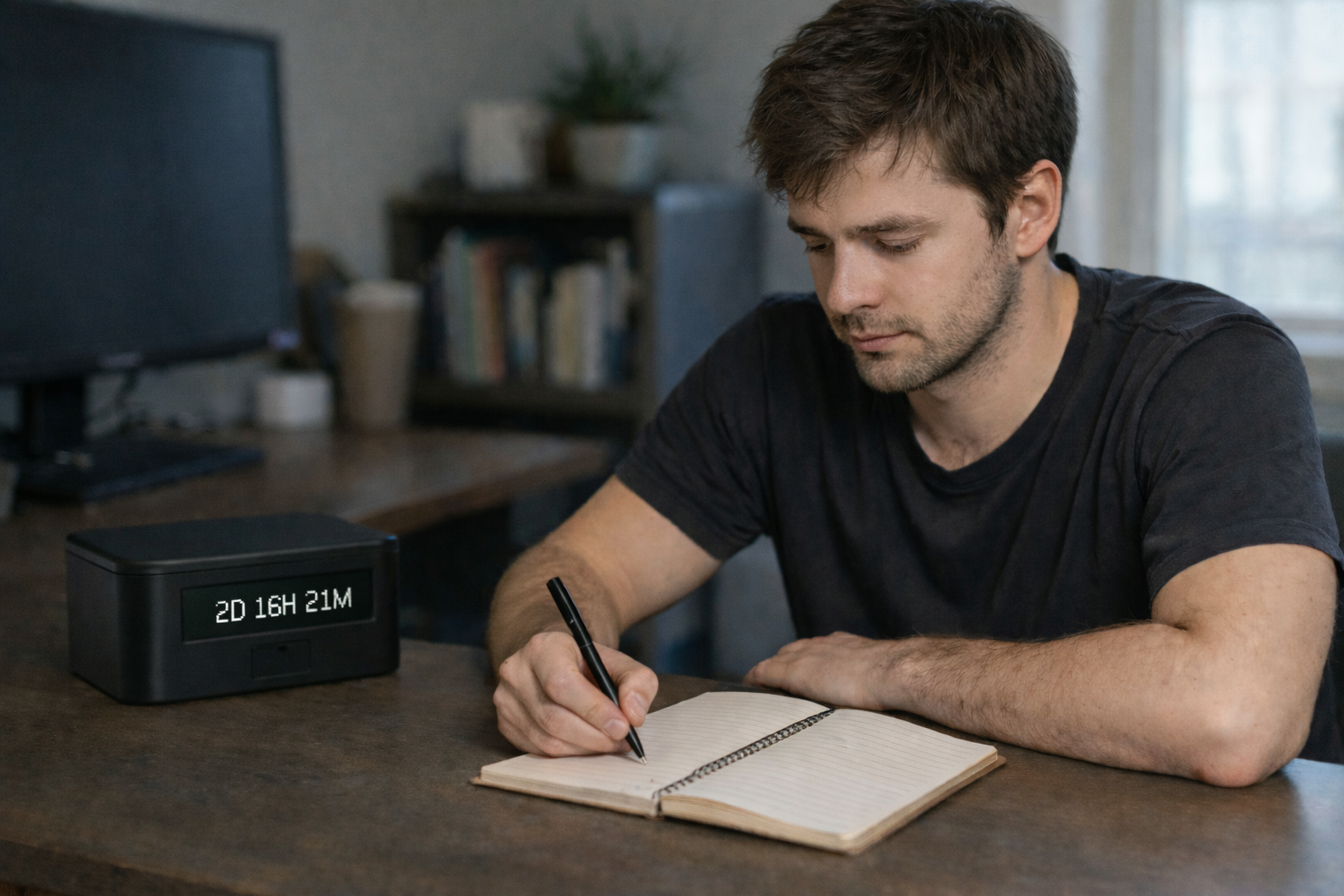 A clean desk scene with Slowbox present, suggesting structure and control.