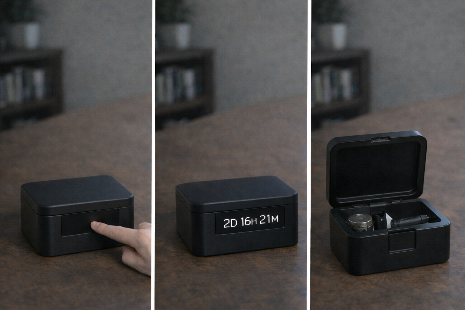Three-panel sequence: tap the front display, see remaining time, and the box opens after unlock.