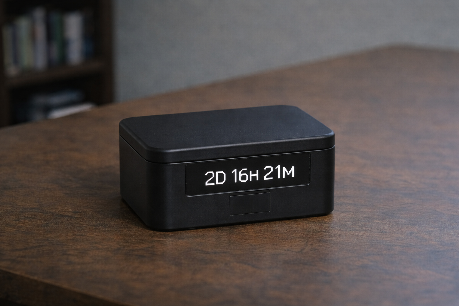 Slowbox lockbox on a desk with the front countdown display.